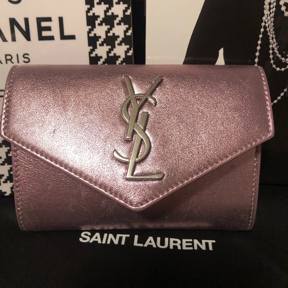 YSL Yves Saint Laurent Azalea Metallic Pink Wallet Rare - Picture 14 of 16